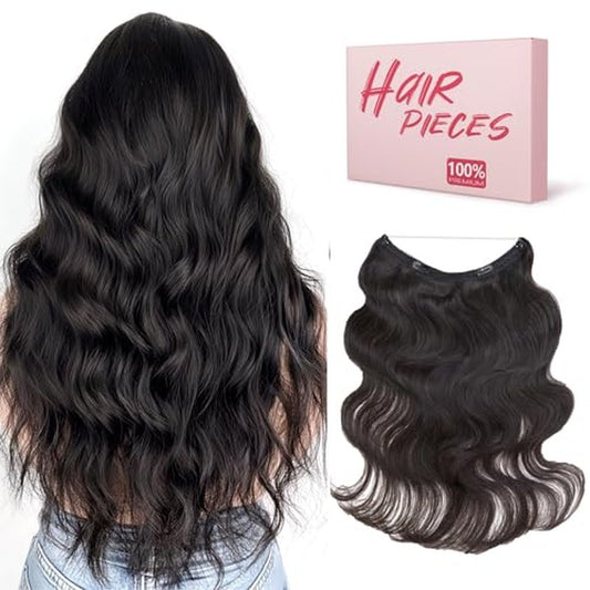 Benehair Halo Hair Extensions - Real Human Hair, Wavy & Curly Styles, 100% Human Hair, Natural Black, 55g/12inch