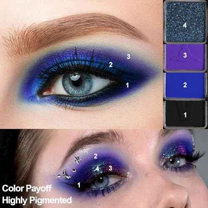 Afflano Goth Eyeshadow Palette Purple Blue, Multichrome Chrome Blue Purple Matte Black White Grey Dark Eye Shade, Gothic Halloween Makeup Eye Shadow Pallet for Joker Clown Cosplay SFX Makeup Costume