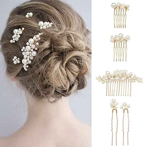 Wedding Pearl Hair Combs Set of 5 PCS - Elegant Hair Accessories for Bridal Women (Silver)