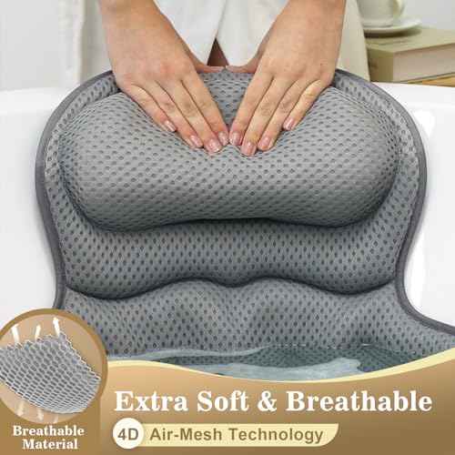 Bath Pillow Luxury Bathtub Pillow, Extra Soft & Comfortable Bath Pillow for Tub Head Neck and Back Support, with 4D Air Mesh Cushions & Non-Slip Suction Cups - Great Bath Gifts (Gray)