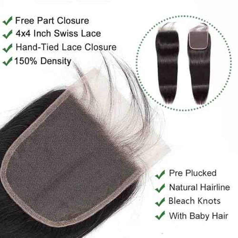 Straight Bundles with Closure Human Hair 24 26 28+20 Inch Brazilian Human Hair 3 Bundle with 4x4 HD Lace Closure Free Part 10A Grade 100% Unprocessed Virgin Hair Straight Bundles Natural Color