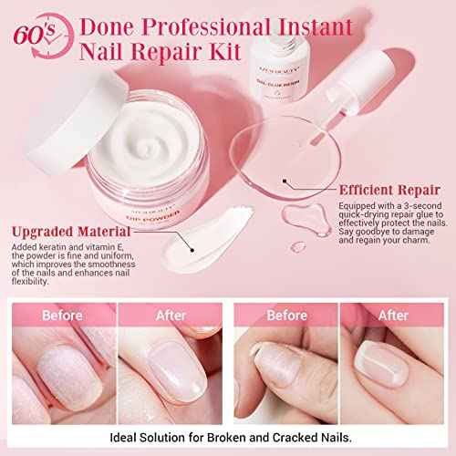 AZUREBEAUTY Nail Repair Kit Transparent Crystal for Broken Cracked Split Weak Nails, Ideal Solution Emergency Easy Quick Fix Dip Powder 28 g 1 Oz Quick-Drying Repair Glue 10 ml Nail File Nail Buffer