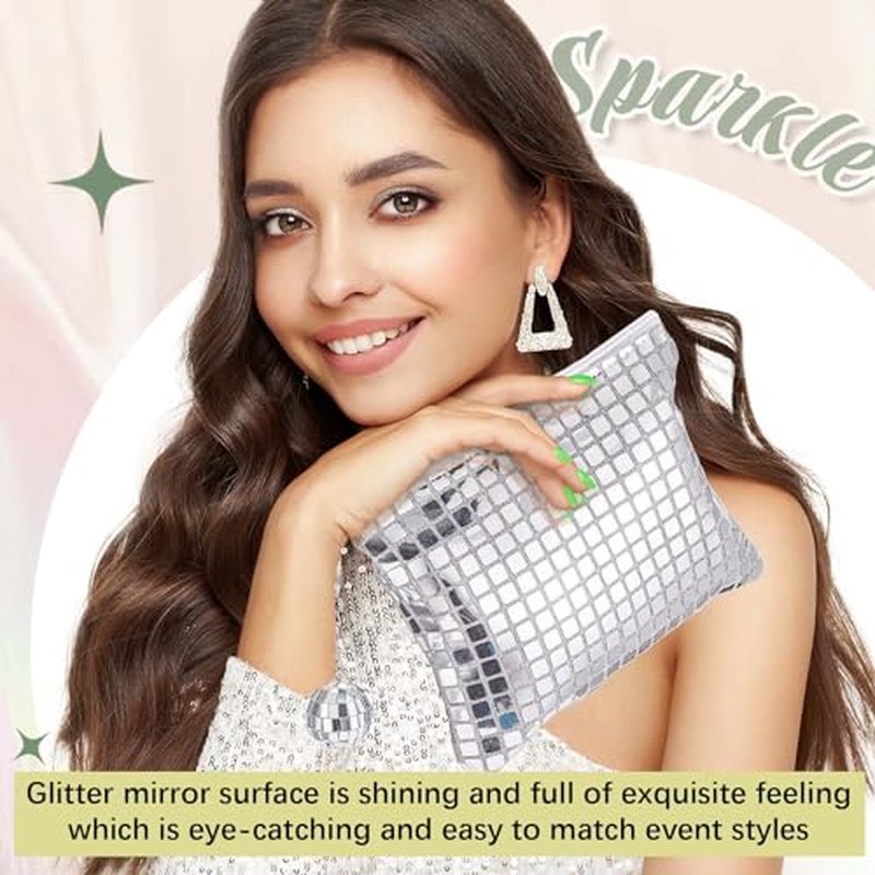 20 Pack Disco Cosmetic Bags Portable Glitter Sequin Mirror Makeup Organizer with Zipper, Suit for Bachelorette, New Years Eve, 70s, 80s, 90s Disco Party Favors (Silver)