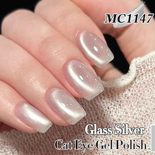 Double Rhythm 0.5 Oz Cat Eye Gel Polish with Magnet Same Color Same Bottle Holographic Glitter Shimmer Translucent Color Salon 15 ML Magnetic Nail Art (Clear Silver-MC1147)
