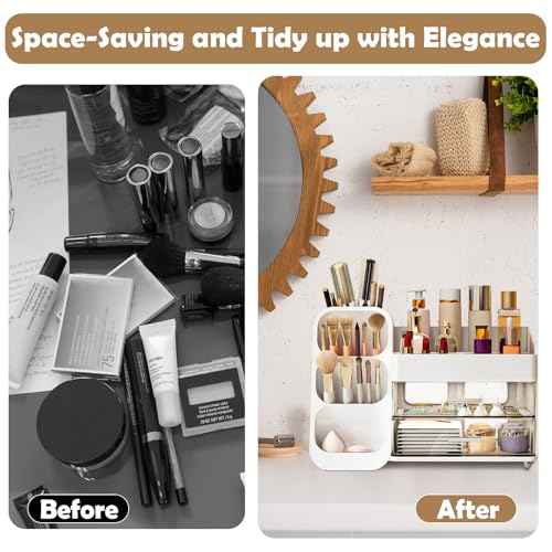 Makeup Organizer Countertop, Vanity Organizer with Brush Holder, Cosmetic Display Case with Drawers, Skincare Organizer for Dresser, Bathroom, Makeup Storage Holder for Women Christmas gifts