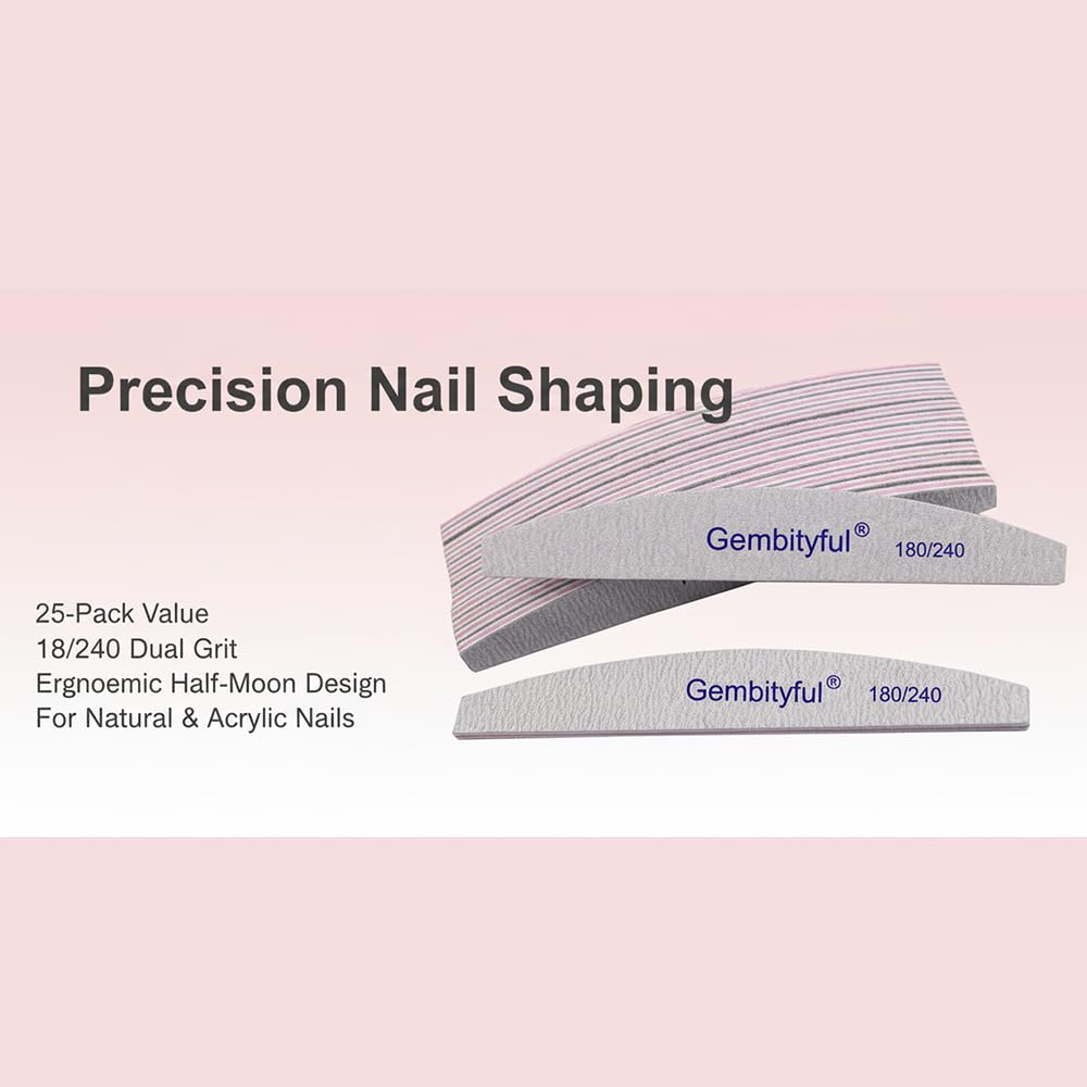 25 Pcs Thick Nail File 180/240 Grit Semicircle Shape, Emery Boards Nail File for Natural Nails and Acrylic Nails, Double Sided Boards Profesional for Home and Salon