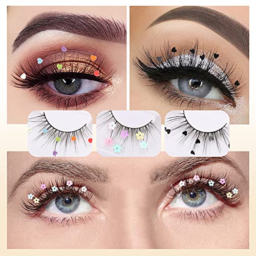 3 Pairs False Eyelashes, Festival Styles Dramatic Glitter Sequin Lashes with Cute Colorful Black Heart/Colorful Flower Lashes for Decorative Christmas New Year Halloweens Cosplay Party