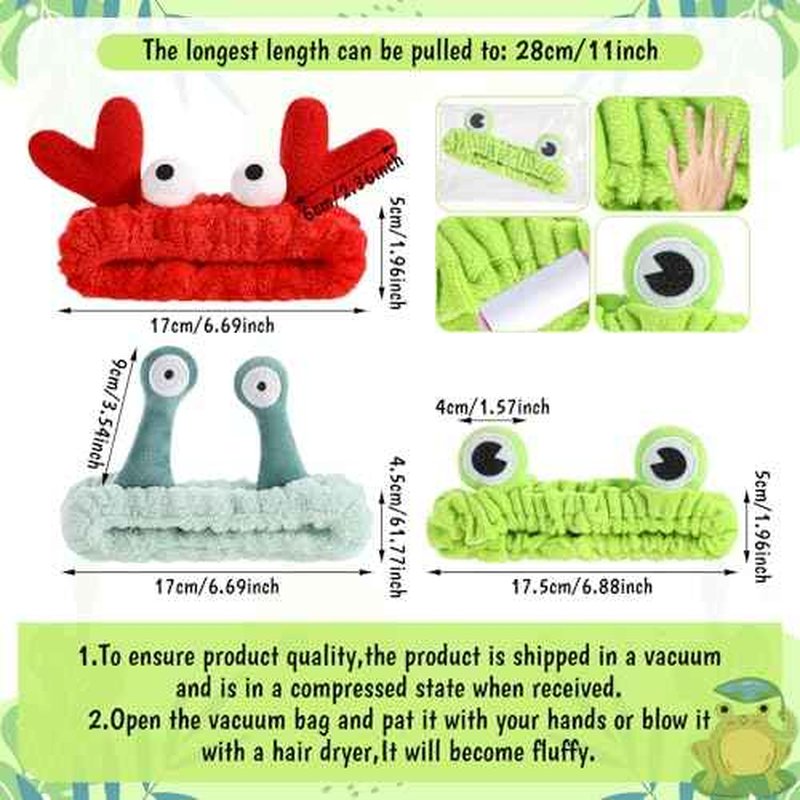 3Pcs Face Wash Headband Cute, Soft Spa Headband for Washing Face, Coral Fleece Elastic Frog Crab Snail Head Band, Cartoon Makeup Headbands for Women, Fun Face Wash Headbands for Women Skincare Shower