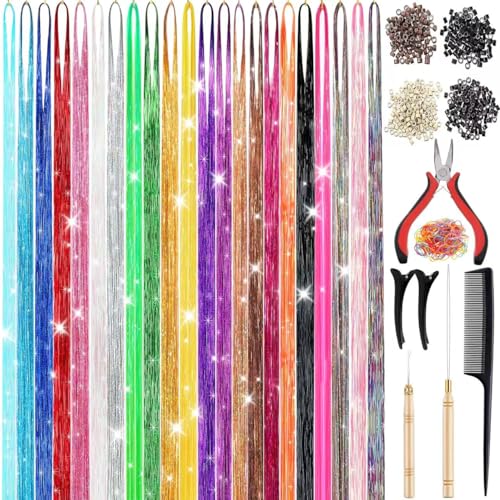 22 Colors 7700 Strands Hair Tinsel Kit, 48 Inch Glitter Tinsel Hair Extensions for July Fourth Christmas New Year Halloween Cosplay, Heat Resistant Fairy Hair Accessories for Girls, Kids, Women