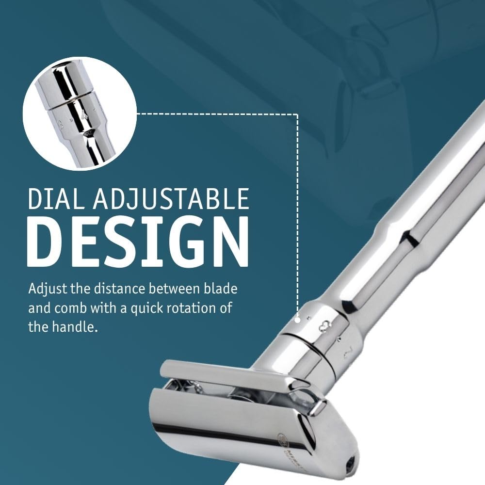 MERKUR FUTUR Adjustable Double Edge Safety Razor, Adjustable Razor With Dial, Made in Germany, Plastic-Free, Snap-On Cap Design, Straight Bar