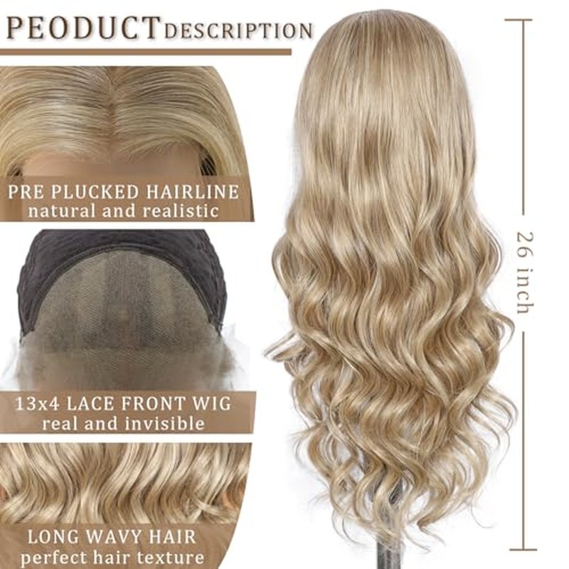 SAPPHIREWIGS Ash Blonde Lace Front Wig 13x4 Synthetic Lace Front Wigs Pre Plucked Highlight Milk Tea Blonde Glueless Long Wavy Wigs for Women Daily Party Use 26 inch