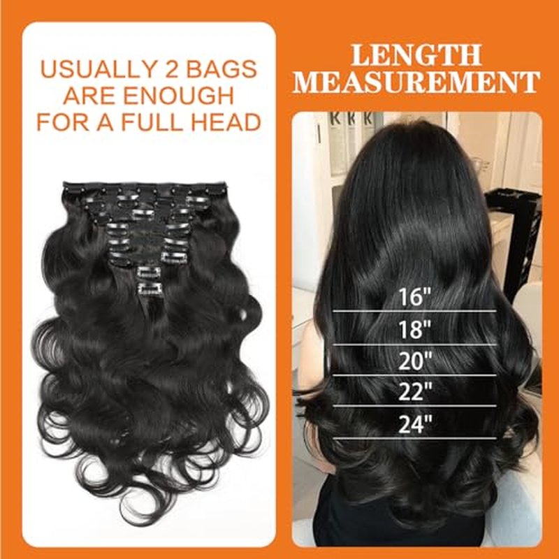 Body Wave Clip Ins Human Hair 8Pcs/Set 120 Gram Body Wave Clip in Hair Extensions 10A Brazilian Virgin Human Hair for Black Women Natural Black Color 24 Inch