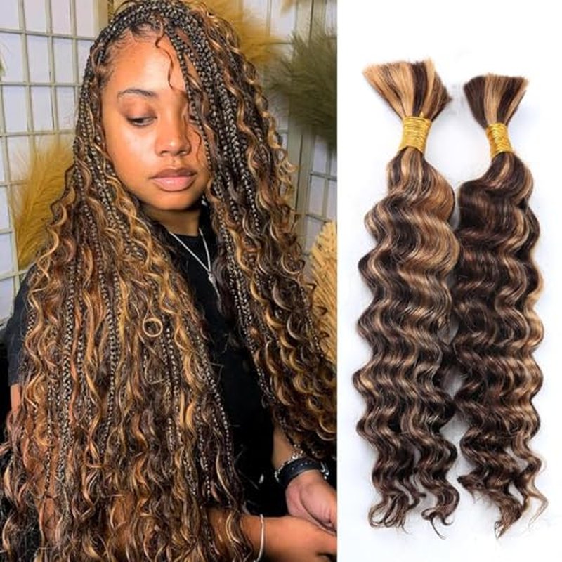 Deep Wave Human Braiding Hair for Boho Braids Highligth Bulk Human Hair for Braiding Brazilian Wet and Wavy Curly Human Hair Braiding Hair Extensions No Weft Bundles for Braiding 20inch 2 Bundles 100g