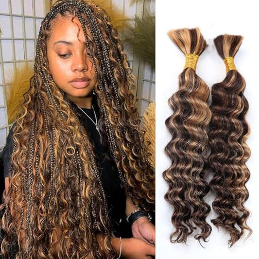 Deep Wave Human Braiding Hair for Boho Braids Highligth Bulk Human Hair for Braiding Brazilian Wet and Wavy Curly Human Hair Braiding Hair Extensions No Weft Bundles for Braiding 20inch 2 Bundles 100g