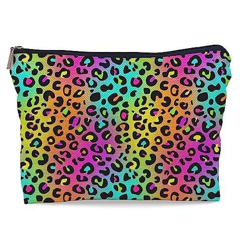 Colorful Neon Leopard Print Rainbow Makeup Bag Cosmetic Bag Zipper Pouch Toiletry Bags,Leopard Print Gifts for Women Teen Girls