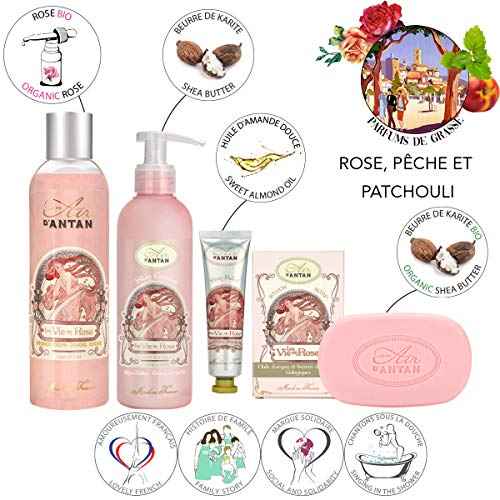 Un Air d'Antan Spa Gifts for Women, Gift Basket for Women, Spa Gift Set, Gift Set for Women, Hand Cream for Women, Gifts for Mom - 4 Products (Rose)