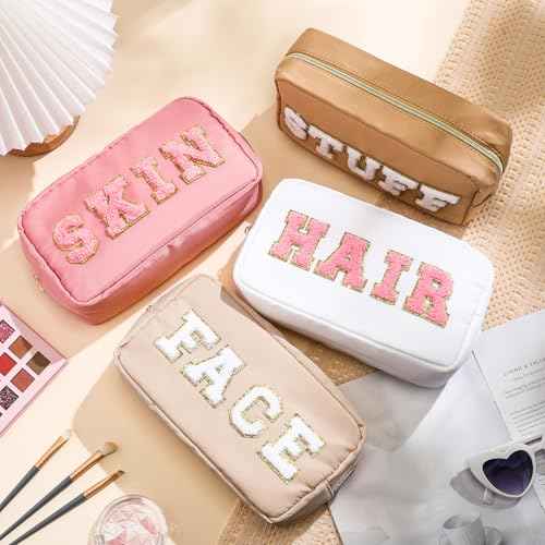 Remerry 4 PCS Nylon Cosmetic Bags Waterproof Spacious Travel Makeup Organizer for Women Chenille Letter Preppy Zipper Pouch Face Stuff Skin Hair Organizer Gift(Light Brown, Beige, Light Pink, White)