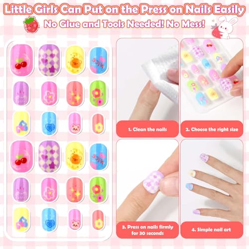 288 Pieces Kids Nails Press ons for Girls, Acejoz Fake Nail Set Pre Glue Stick on Short Nails for Children Little Girls 8-12 Year Nail Art Decoration