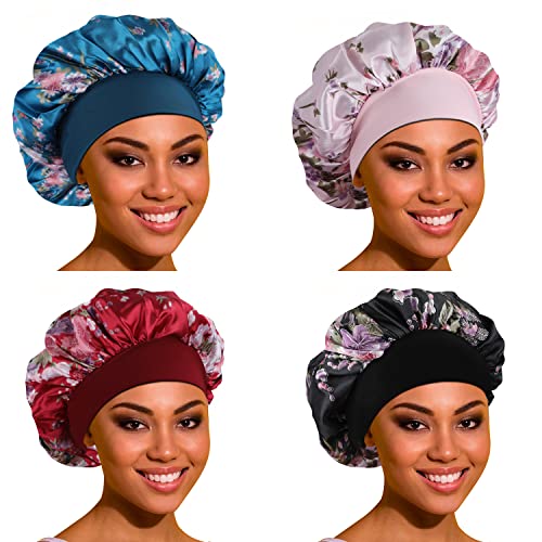 ROYBENS Satin Bonnet Hair Bonnet for Sleeping- 4 Pack Large Bonnets for Women with Elastic Soft Band for Curly Hair Braids