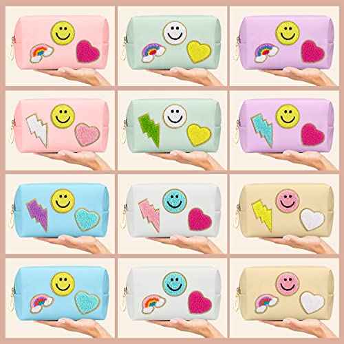 Sanwuta 12 Pcs Christmas Preppy Patch Makeup Bag Chenille Letters Cosmetic Bag PU Leather Preppy Organizer Small Smile Heart Toiletry Pouch Portable Waterproof Storage Purse Pouch for Women Adults