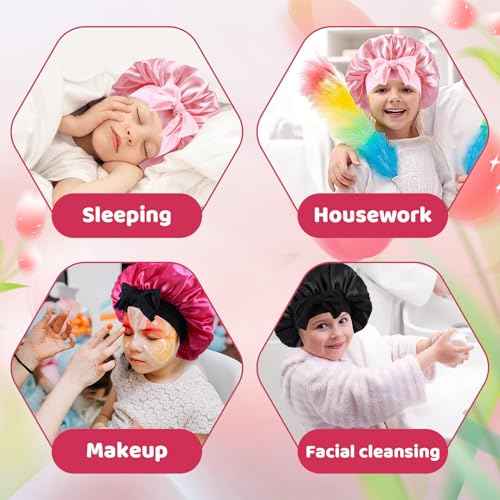 3 PCS Kids Satin Bonnets,Soft Bonnet for Sleeping with Elastic Band,Satin Silk Bonnet for Girls,Kids Sleeping Cap for Teens Nature Curly Hair,3 Color with 6 Hair Scrunchies