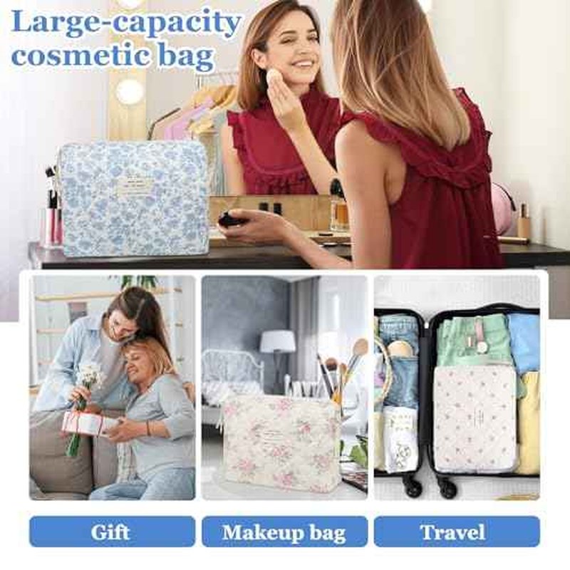 Floral Makeup Bag, Large Cosmetic Bag for Women Girls, Cute Cotton Make up Pouch, Quilted Makeup Bags, Flower Travel Toiletry Organizer Bag(Blue Floral)