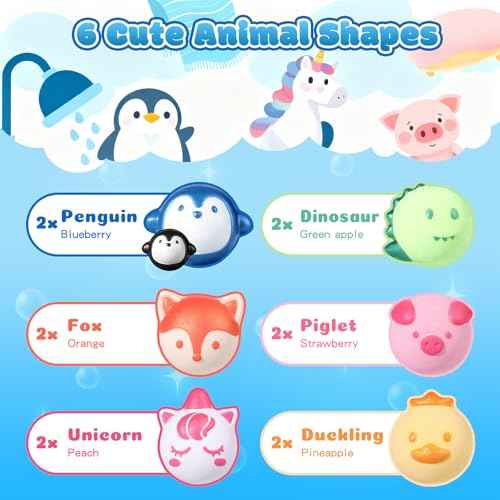 Aofmee Bath Bombs for Kids, 12 Pcs Bubble Bath Balls with 6 Animal Shapes and Fruity Aroma, Essential Oil Natural Organic Fizzy Spa Set for Boys Girls, Gift for Children Birthday Christmas