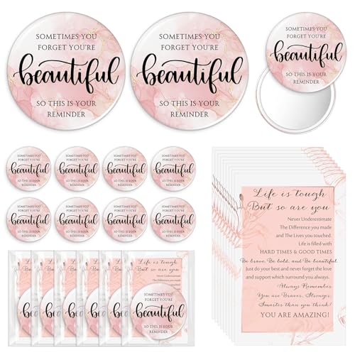 25 Pcs Inspirational Compact Mirror Bulk for Women Sometimes You Forget You're Beautiful Pocket Gifts Pink Portable Round Purse Mirrors Appreciation Gift for Women Nurse Mom Christmas
