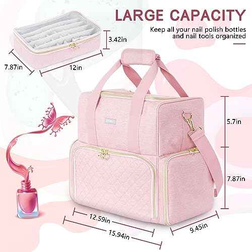 Nail Polish Organizer Holds 80 Bottles and a Nail Lamp,Nail Polish Carrying Case with 2 Removable Bags,Nail Organizers and Storage for Nail Tech,Portable Nail Polish Holder for Nail Supplies,Pink