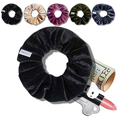 Women's Velvet Hair Scrunchie with Hidden Zipper Pocket, Black, 1 Count - Great for Gifts and Stocking Stuffers