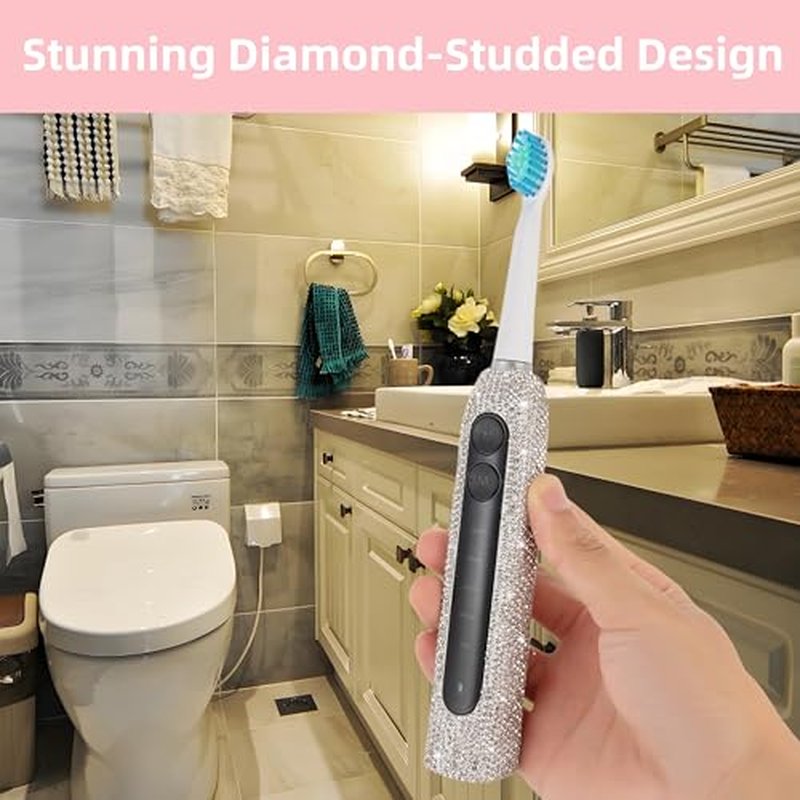 Diamond Sonic Electric Toothbrush Bling Rechargeable Toothbrushes for Adults with 6 Brush Heads Vibrating Toothbrush-5 Modes, USB-C Fast Charge,2Min Smart Timer,IPX7 Waterproof(White)
