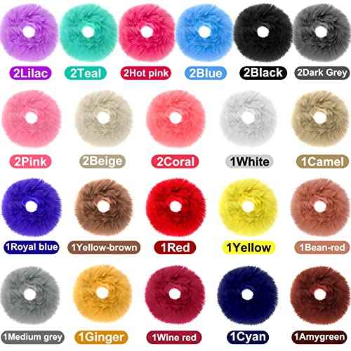 WILLBOND 30 Pieces Fuzzy Scrunchies Bulk Pompom Ball Elastic Hair Ties Fluffy Ponytail Holders Band for Women Hair Accessories, 21 Colors
