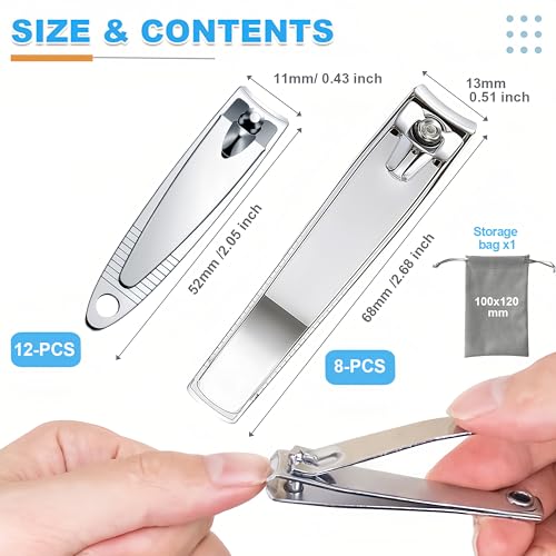 20-Pack Stainless Steel Fingernail & Toenail Nail Clippers Bulk Set - 12 Small + 8 Medium Size with Storage Pouch, Manicure Kit for Men/Women Travel, Gifts, Homeless Care Supplies