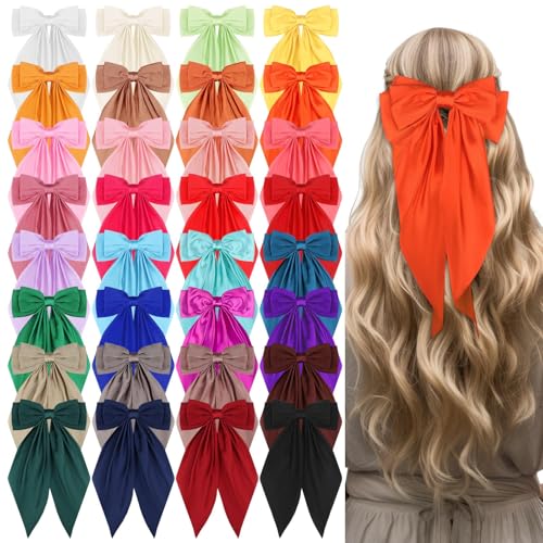 32Pcs Satin Hair Bows Bulk Big Hair Bows for Women Large Hair Ribbons Silky Satin Oversized Hair Bows Long Tail Large Hair Barrettes Hair Cute Oversized Bow Hair Clips with Long Tails