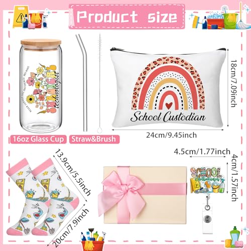 Skylety 5 Pcs Christmas School Custodian Gifts for Women 16 oz Glass Cup Socks Cosmetic Bag Badge Holder School Custodian Appreciation Gift Box for Thank You Janitor Staff Cleaning Lady