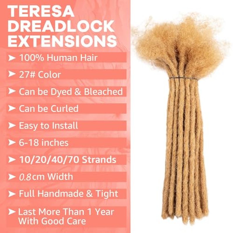 Teresa 8 Inch 20 Strands 100% Human Hair Dreadlock Extensions for Man/Women,Full Head Handmade Permanent Human Loc Extension (Medium Size Width 0.8cm,#27,Honey Blonde)