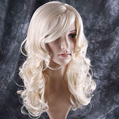 BERON 24" Stylish Blonde Wig for Women Long Curly Wavy Light Blonde Wig with Bangs Synthetic Wavy Wigs Long Wigs for Daily Party