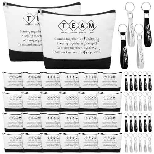 Sanwuta 48 Pcs Canvas Cosmetic Bag Bulk Appreciation Gift Inspirational Canvas Makeup Bags Keychains Set Christmas Party Favors for Teacher Students Employees Coworker Women (Team)