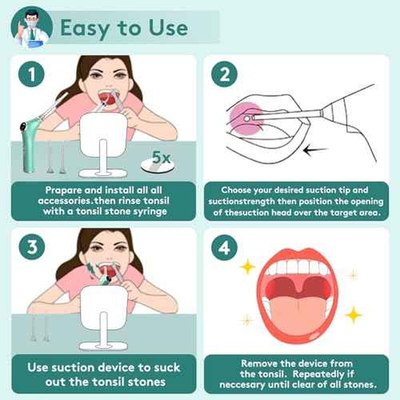 Electronic Vacuum Tonsil Stone Removal Kit - Tonsil Stone Remover with Built-in LED Light 3 Suction Mode - Fight Bad Breath Oral Irrigator 5X Magnifying Mirror for Stone Removal (Green)
