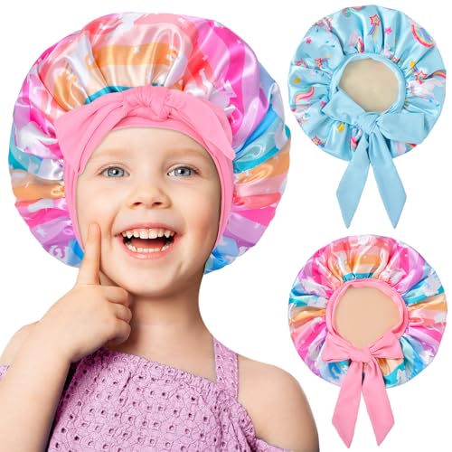 2 PCS Kids Bonnets for Girls, Satin Silk Bonnet for Kids Toddler Bonnet for Sleeping Cap with Elastic Tie Band Hair Bonnet