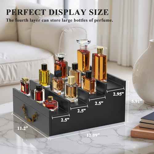 ONKO Cologne Stand for Men,Fragrance Display Stand for Men,Black Cologne Storage Shelf,4-Tier of Elevated Perfume Holder with Drawer,Wooden Fragrance and Watch Shelf Organizer,Room Decor Accessories