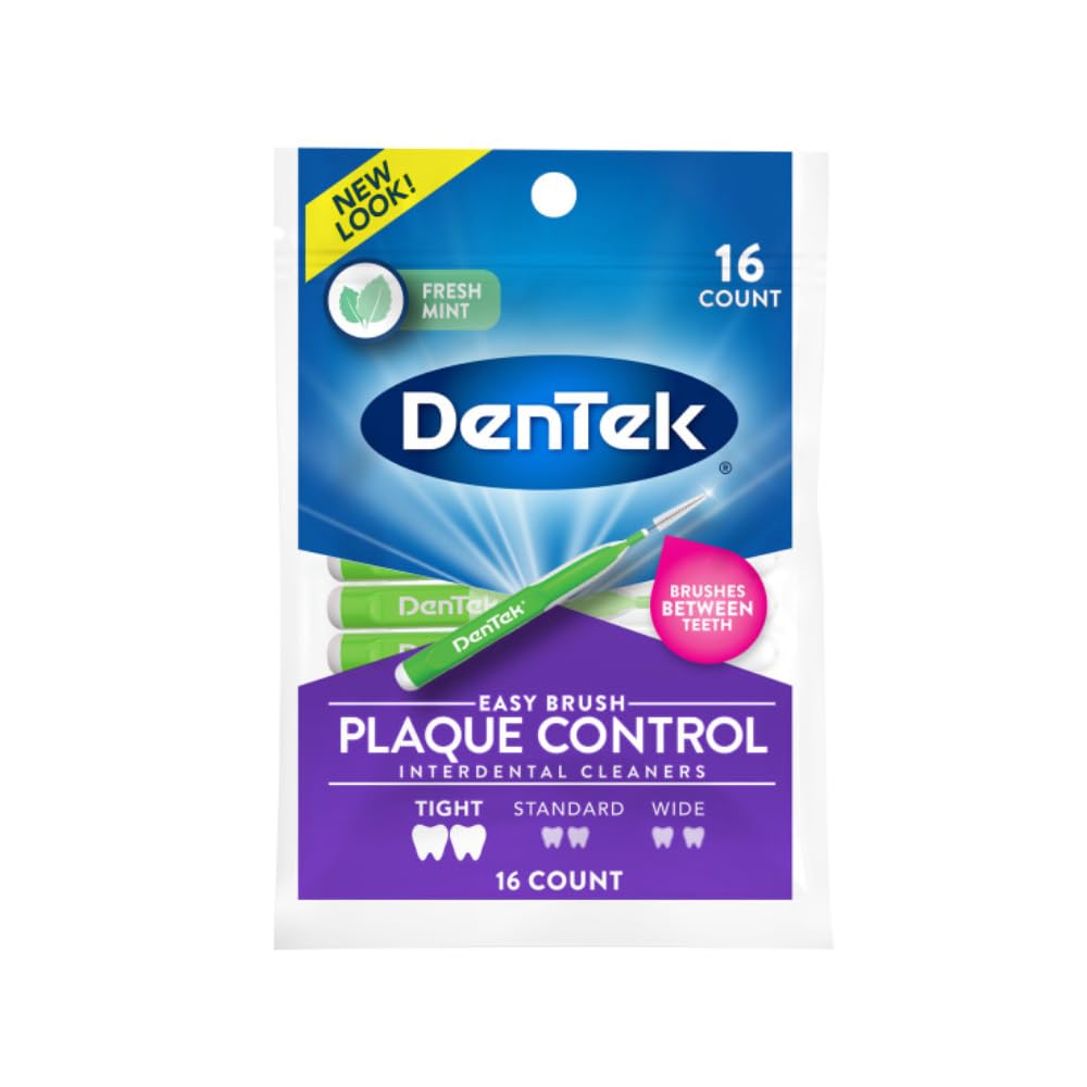DenTek Easy Brush Interdental Cleaners, Tight Between Teeth Brushes, Plaque Control, Dental Picks for Oral Care, Fresh Mint, 16 Count (Pack of 12)