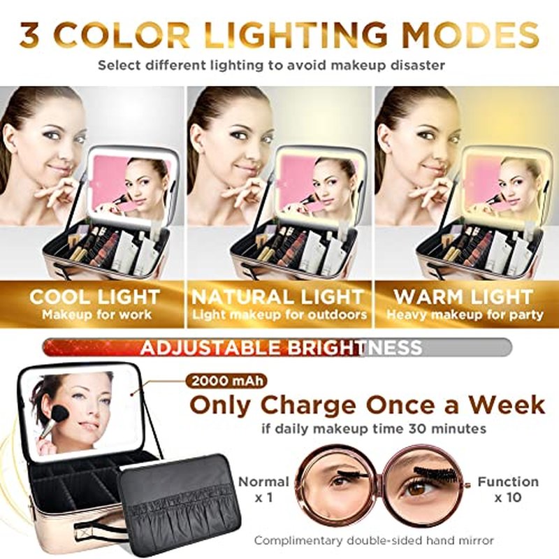 Travel Makeup Case with Removable Large Mirror and Lights 3 Color Adjustable Brightness Dividers with Shoulder Strap Rechargeable,Waterproof,for Travel or Business, Large