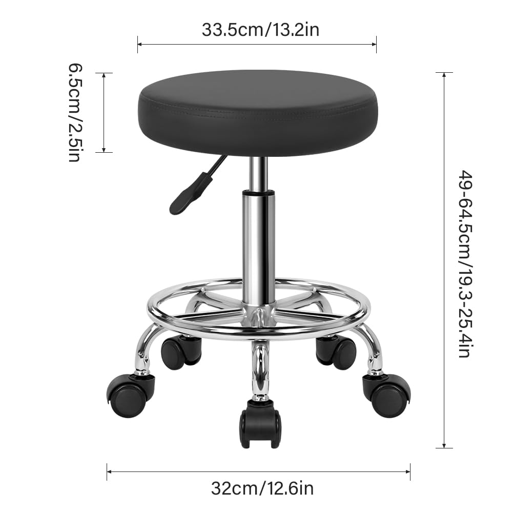 WKWKER Round Rolling Stool with Footrest PU Leather Height Adjustable 360° Swivel Stool with Wheels Office Stool Chair Home Drafting Work Studio Shop SPA Salon Small (Grey)