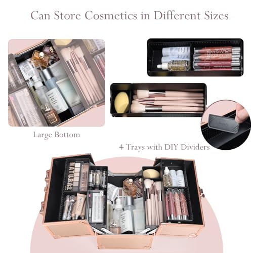 FRENESSA Makeup Train Case Makeup Case Travel Cosmetic Box Organizer Portable Make Up Box with Dividers Lockable for Artist Nail Sewing Vanity Storage Makeup Travel Case Rose Gold