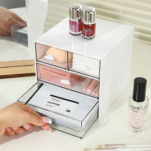 Makeup Organizer with 4 Drawers, Desk Organizer, Cosmetics Storage Box for nail polish, Lipstick, Brushes, Jewelry, Skincare, Bathroom Organization Boxes - White