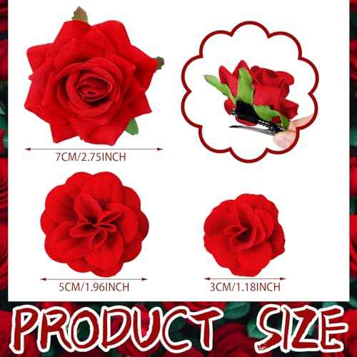 BBTO 21 Pieces Flower Hair Clip Rose Hair Clips Hair Barrettes for Women Flower Hair Accessories Boho Bride Claw Clip Hairpin Brooch Pin Headpiece for Wedding(Red,Large, Medium, Small)