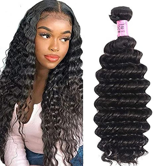 UNICE Deep Wave Human Hair Weave 1 Bundle 16 inch Unprocessed Brazilian Virgin Human Hair Sew in Extensions Natural Black Color Can be Dyed and Bleached