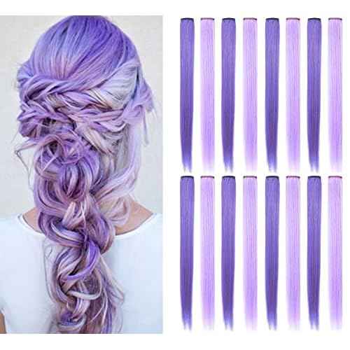 Colored Hair Extensions 21 inch Multicolors Party Highlights Straight Hair Extension Clip In/On For girls and Women Costume Wig Pieces 16 PCS (Lavender Light purple)