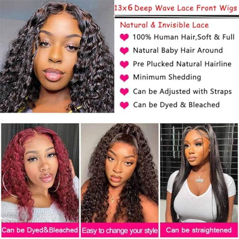 13x6 Deep Wave Lace Front Wigs Human Hair HD Transparent Lace Front Wigs Human Hair for Women Pre Plucked with Baby Hair Deep Curly Glueless Wig 180% Density 24 Inch
